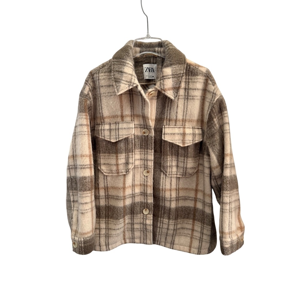 Zara Plaid Womens Large Brown Cream Textured Shacket Oversized Pockets